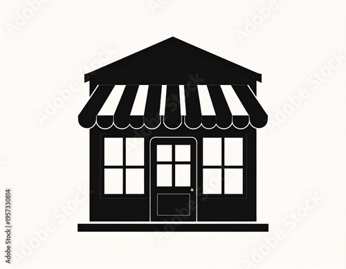 Minimal black storefront icon with awning, simple retail shop symbol, flat vector design for business and ecommerce use