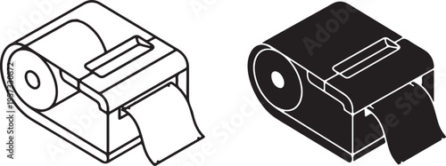 Receipt printer machine, printing paper roll, icons in outline and solid black fill, cash register
