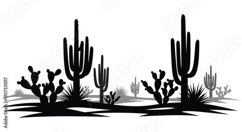 A stark black silhouette depicts a variety of desert cacti against a bright white background showcasing arid landscape silhouette high quality