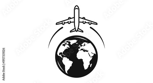 A black and white illustration depicts an airplane flying above the earth showcasing global travel and connection silhouette high quality professional