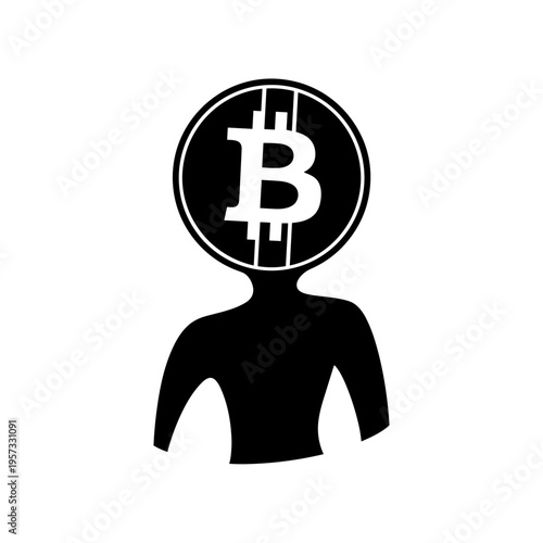 Bitcoin symbol on human head silhouette.
