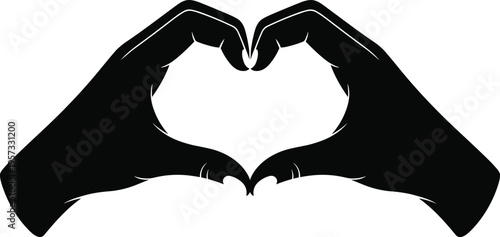 PrintBlack silhouette vector illustration of two hands forming heart shape, love symbol artwork composition, romantic unity design affection gesture