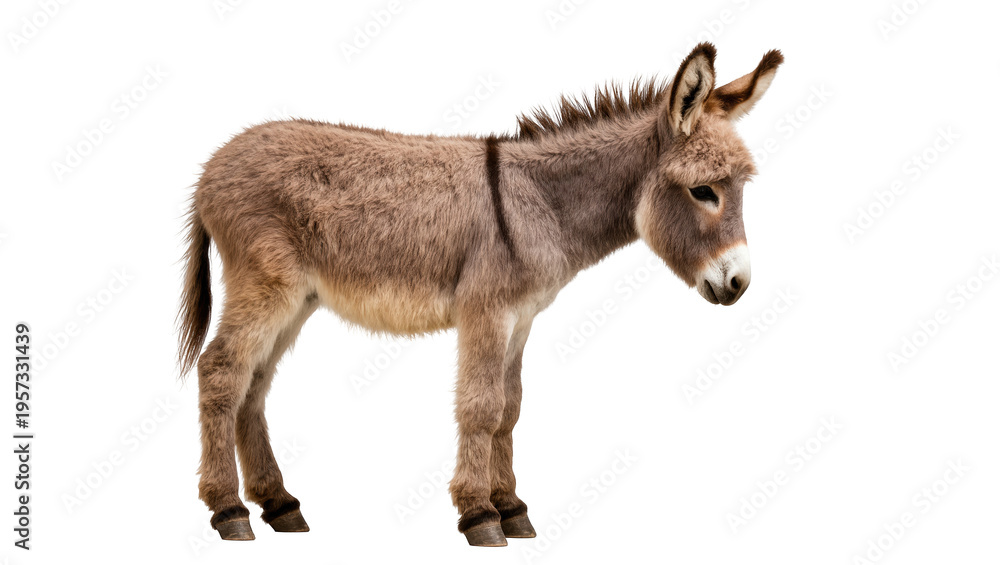 Obraz premium Sweet young baby donkey, full body profile, with soft fur, looking down thoughtfully.