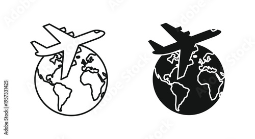 Two black and white depictions of an airplane flying around the world presented as a bold silhouette high quality professional detailed modern elegant