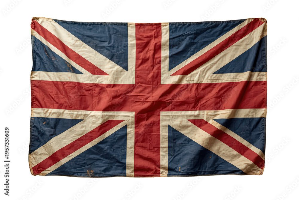 Fototapeta premium Union jack flag representing great britain and the united kingdom, vintage weathered fabric texture on transparent background