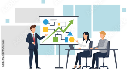 Business team presenting on colorful graph chart in modern office setting with professional attire for corporate presentation