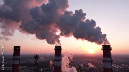 Three red and white smokestacks send a heavy smoke plume into a soft pink dawn sky, highlighting industrial emissions and air quality.