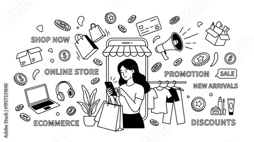 Online Shopping Elements and Woman with Smartphone