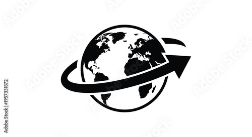 A stark black silhouette of earth with a circling arrow symbolizing global connection and movement silhouette high quality professional detailed modern