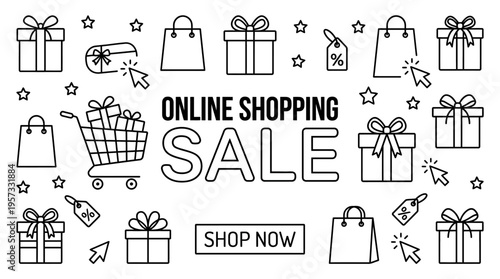 Online Shopping Sale Banner with Gifts and Shopping Icons