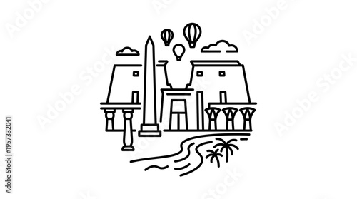Minimalist Line Art of Luxor Temple and Hot Air Balloons