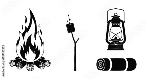 A black and white illustration depicts a campfire marshmallow lantern and logs in a striking silhouette high quality professional detailed modern