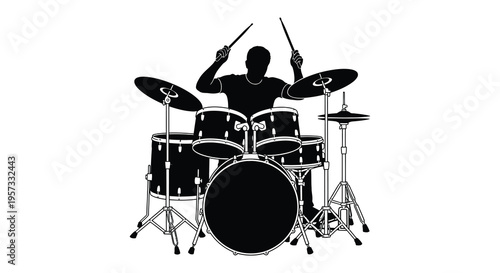 A striking black silhouette of a drummer playing a full drum kit showcasing energetic performance silhouette high quality professional detailed