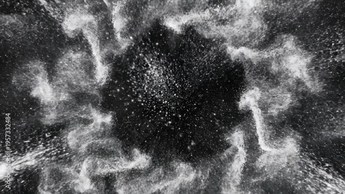 A circular ring of glittering particles expands outward in surreal cosmic motion, creating an abstract texture of dynamic cosmic energy.