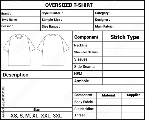 Oversized T Shirt Tech Pack Template Vector, Apparel Specification Sheet, Clothing Size Chart Design