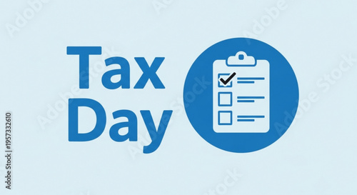 A blue and white vector graphic illustration of a tax day icon with a clipboard and checklist