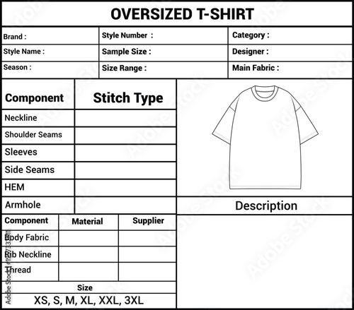 Oversized T Shirt Tech Pack Template Vector, Apparel Specification Sheet, Clothing Size Chart Design