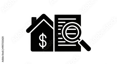 A black and white vector graphic icon of a house with a dollar sign and a magnifying glass over a document, representing real estate or property inspection.
