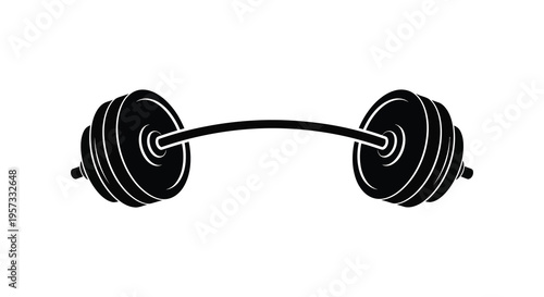 A stark black barbell with large weight plates is centrally positioned against a white backdrop a striking silhouette high quality professional