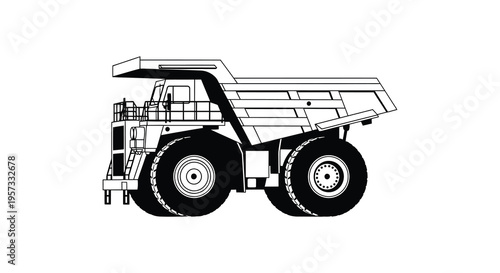 A detailed black and white illustration showcases a large mining dump truck presented as a striking silhouette high quality professional modern