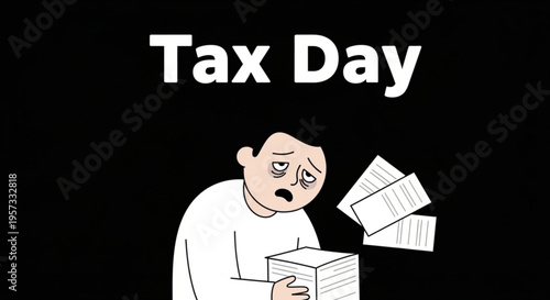 A stressed man holding a stack of papers on Tax Day with a worried expression