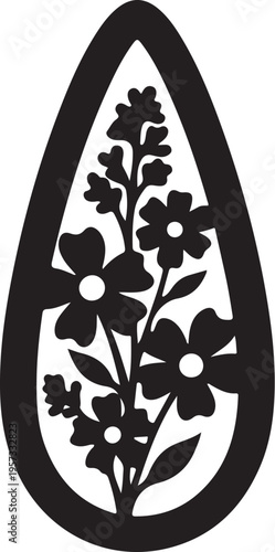 Black floral teardrop shape, flower silhouette, vector icon, decorative design element