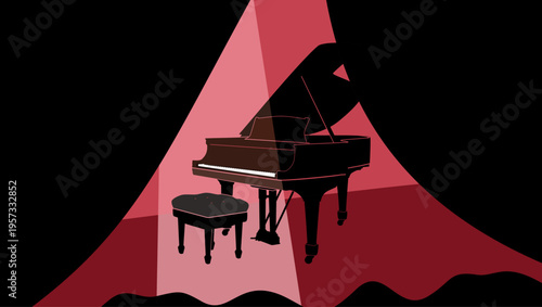 Grand Piano in hall, flat color vector illustration