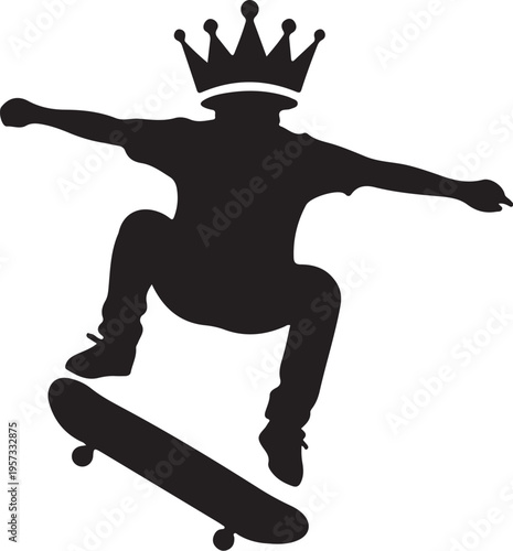 Black silhouette skateboarder, crowned king, dynamic pose, vector icon