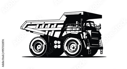 A striking black and white illustration depicts a large mining dump truck in detailed silhouette high quality professional modern elegant stylish
