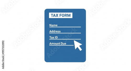 A blue tax form vector graphic with a white cursor clicking on it