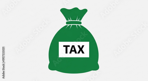 A green money bag with a tax label, symbolizing financial obligation.