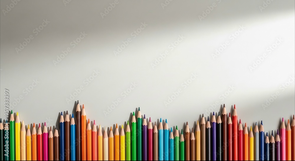 Obraz premium Colorful wooden pencils in a row on white background with copy space