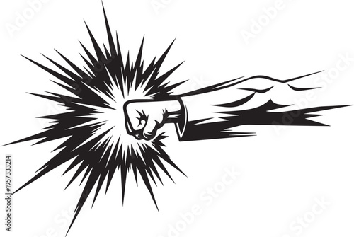 Fist Punching Through, Dynamic Impact, Black and White Vector, Comic Book Style Illustration, Action Symbol