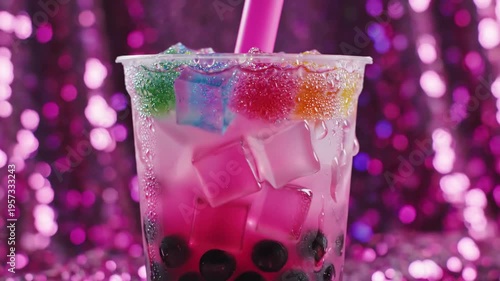 A colorful and enticing bubble tea with jelly toppings and pearl boba is presented in a vibrant pink and purple setting of shimmering indulgence.