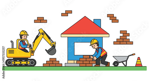 Construction scene depicting a worker operating machinery and another building a wall a bold silhouette high quality professional detailed modern elegant
