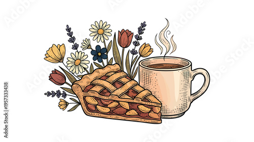 Delightful autumnal comfort scene featuring a warm slice of fruit pie, a steaming cup of coffee, and a charming bouquet of wildflowers illustration