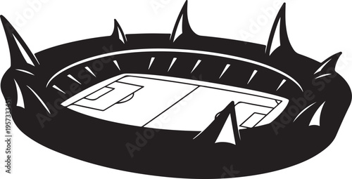 Black and white stadium illustration, sports arena vector, football field graphic, athletic stadium icon