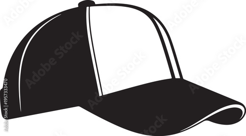 Black baseball cap, vector hat icon, sports cap silhouette, black and white
