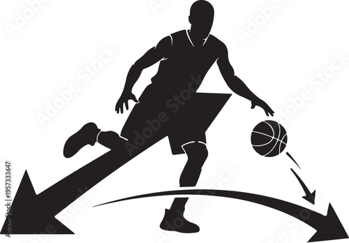 Vector silhouette of basketball player dribbling with arrows