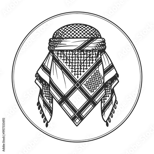 Traditional headscarf keffiyeh shemagh illustration in circle frame