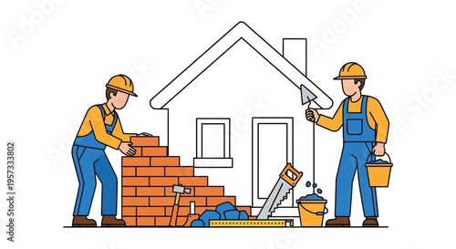 Two construction workers building a brick wall in front of a house depicted in a simple silhouette high quality professional detailed