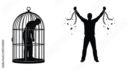 A stark visual depicts liberation from confinement showing a broken cage and a figure breaking free silhouette high quality professional detailed