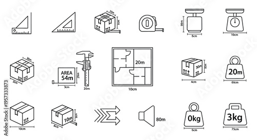 Line drawings of various measurement tools boxes and shapes are arranged on a white background silhouette high quality professional detailed