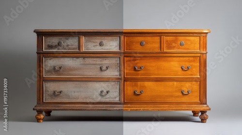 Before and after restoration of vintage wooden dresser on grey background