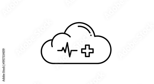 Cloud with Heartbeat and Plus Sign Icon: Healthcare Technology and Digital Health Concept