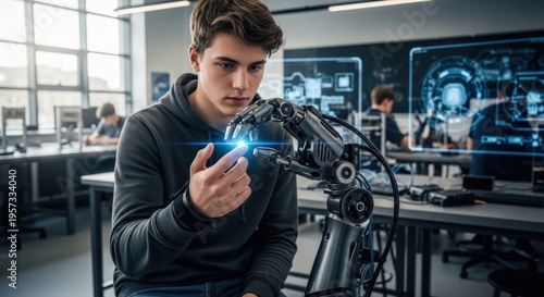 Teenage student engages with advanced robotic arm in futuristic university laboratory exploring artificial intelligence and innovative technology education