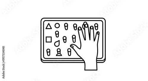 Child's hand learning shapes and colors on a sorter toy with various geometric figures