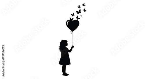 A young girl in profile holds a heart shaped balloon accompanied by fluttering butterflies presented as a silhouette high quality professional detailed