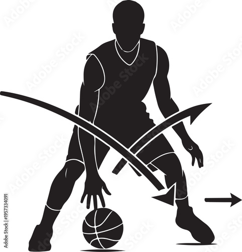 Black silhouette basketball player dribbling, sports icon, athletic motion, vector illustration