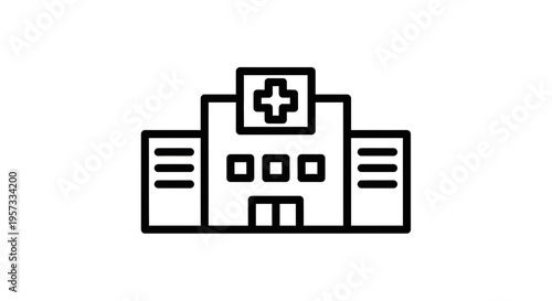 Modern Hospital Building Icon with Cross Symbol, Medical Healthcare Clinic Facade Outline